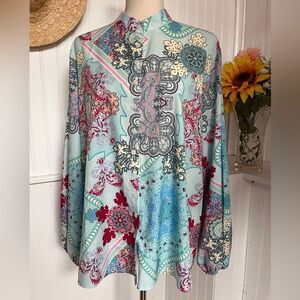 Button Down Shirt Blouse V-Neck Blue Floral